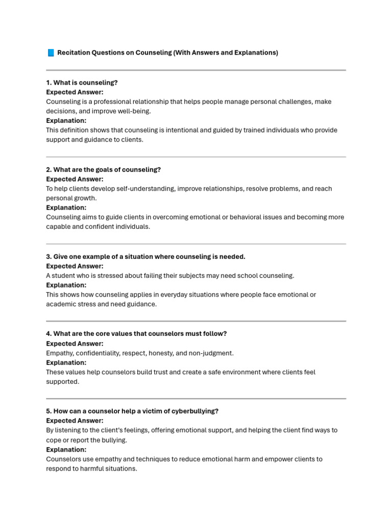 Counseling Recitation Questions & Answers | PDF | Psychotherapy ...