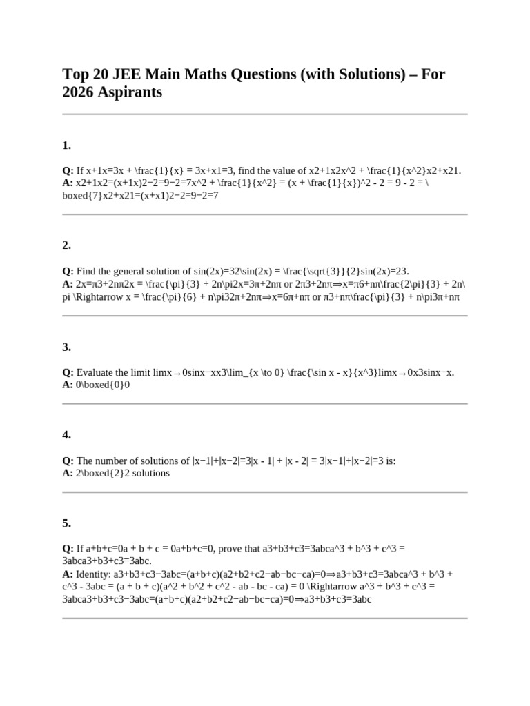 JEE Main 2026: Top 20 Math Questions | PDF | Chess Theory | Chess