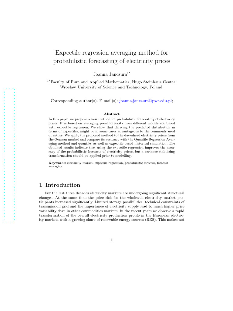 Expectile Regression for Electricity Price Forecasting | PDF ...