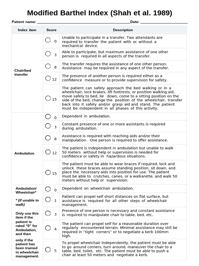 Modified Barthel Index Overview | PDF | Hygiene | Wheelchair