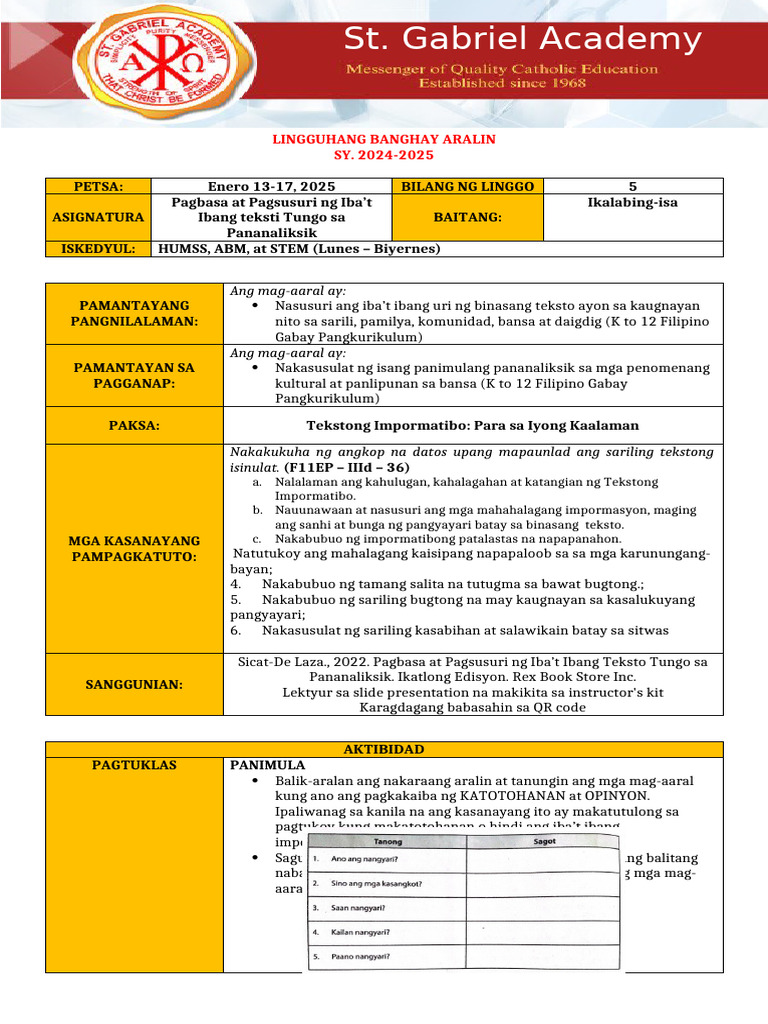 Learning Plan Week 5 January 13 17 | PDF