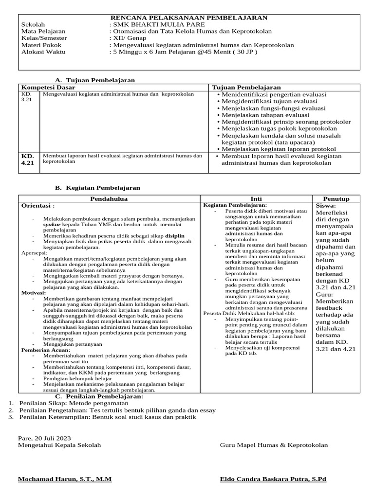 Rencana Pembelajaran Humas dan Protokol | PDF