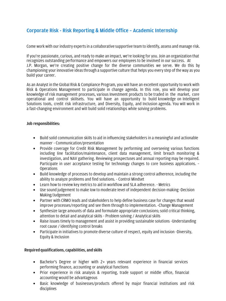 J.P. Morgan Risk Management Internship | PDF | Risk | Risk Management