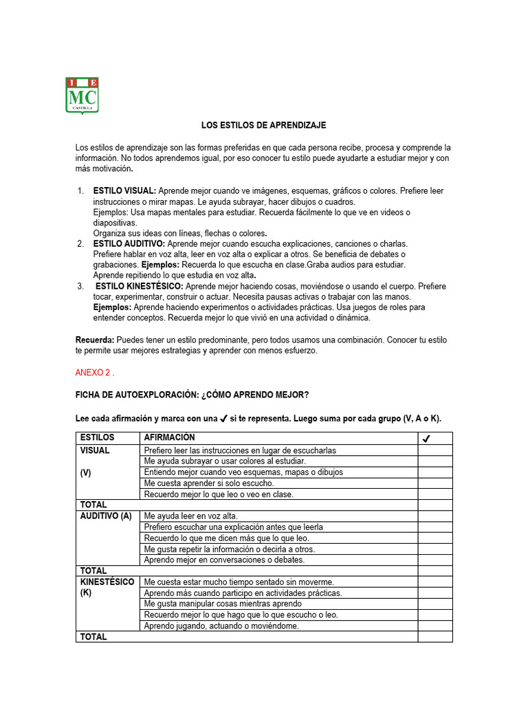 Estilos de Aprendizaje: Guía y Autoexploración | PDF | Aprendizaje ...
