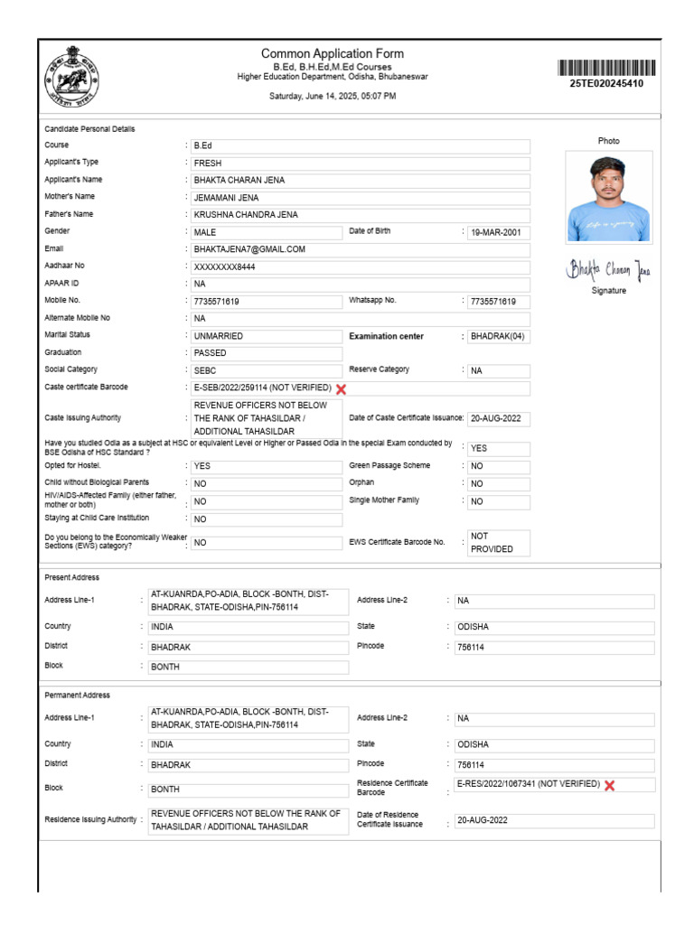 Kalahandi University B.Ed Application Form | PDF
