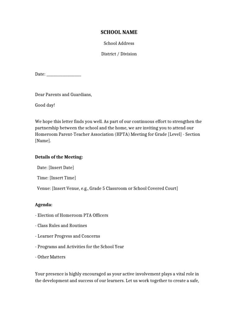 HPTA Meeting Invitation for Parents | PDF