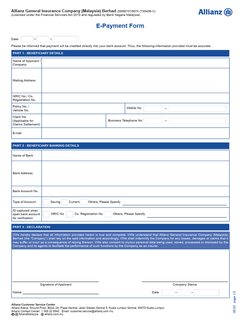 Allianz E-Payment Form Instructions | PDF | Insurance