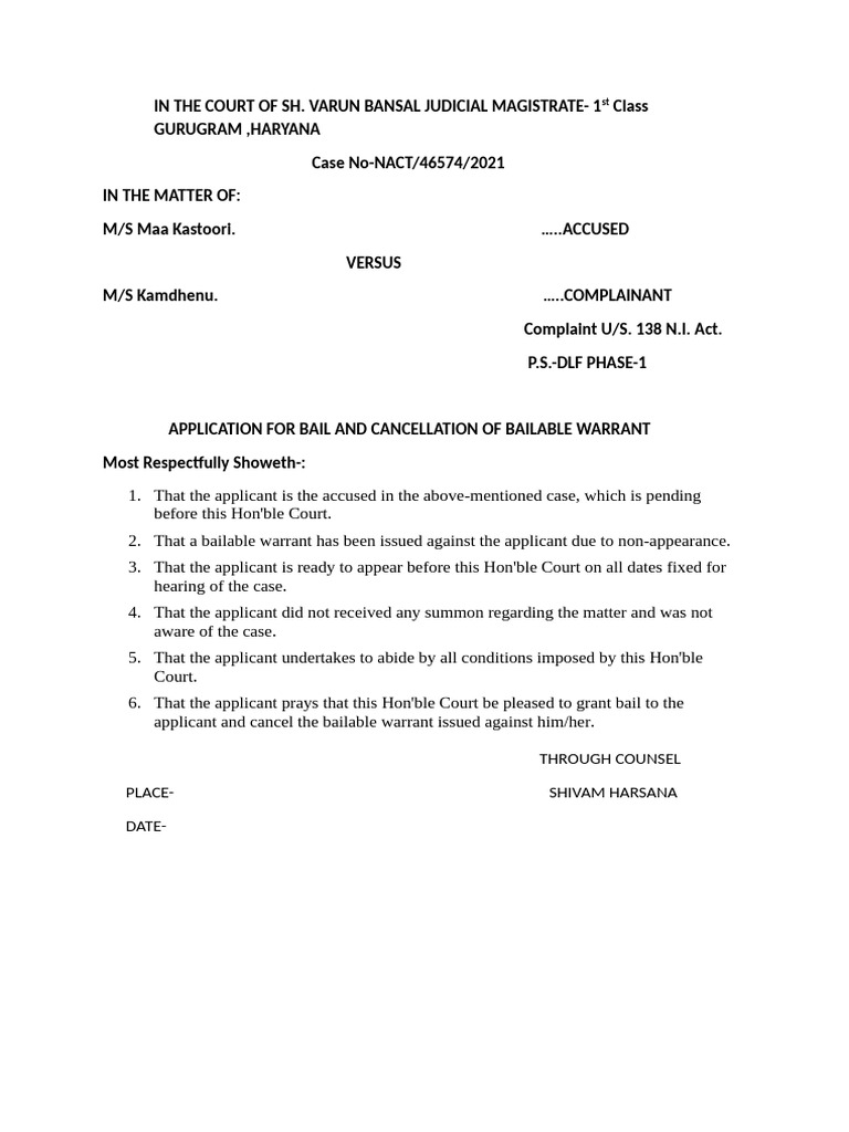 Bail Application in N.I. Act Case | PDF
