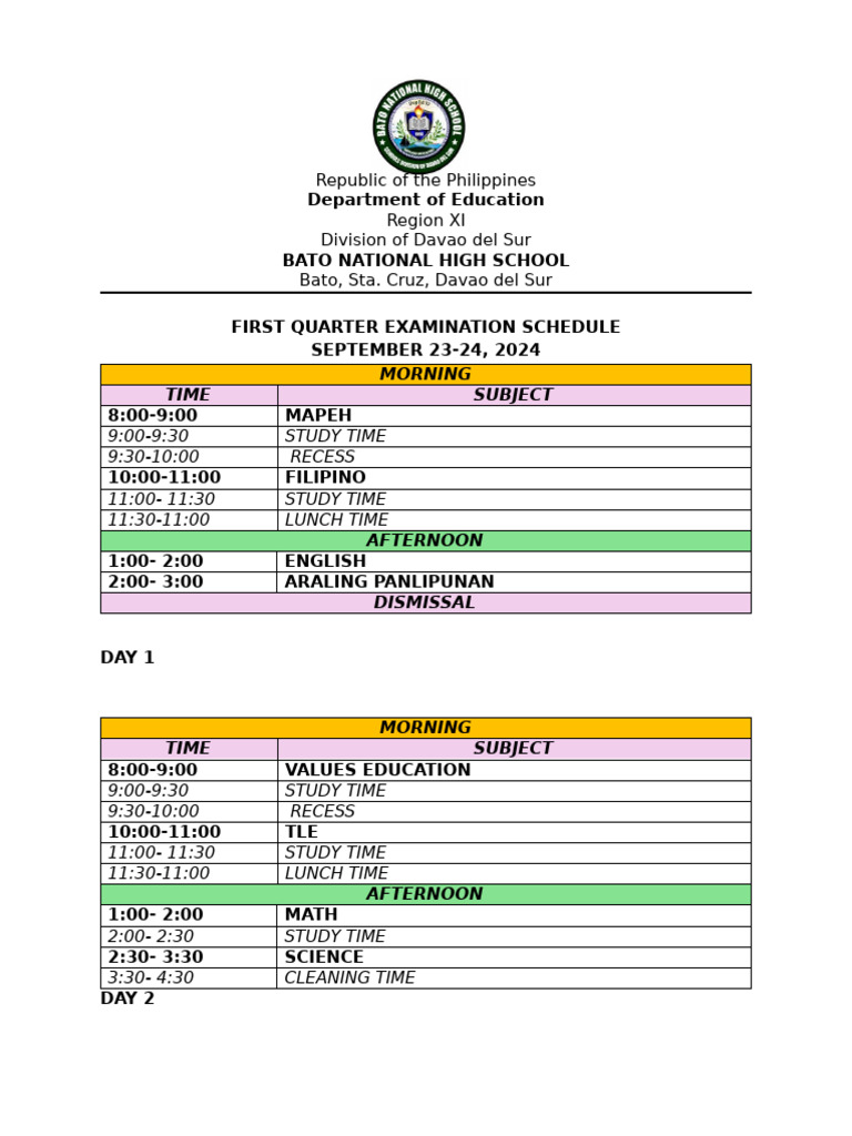 September 2024 Exam Schedule | PDF