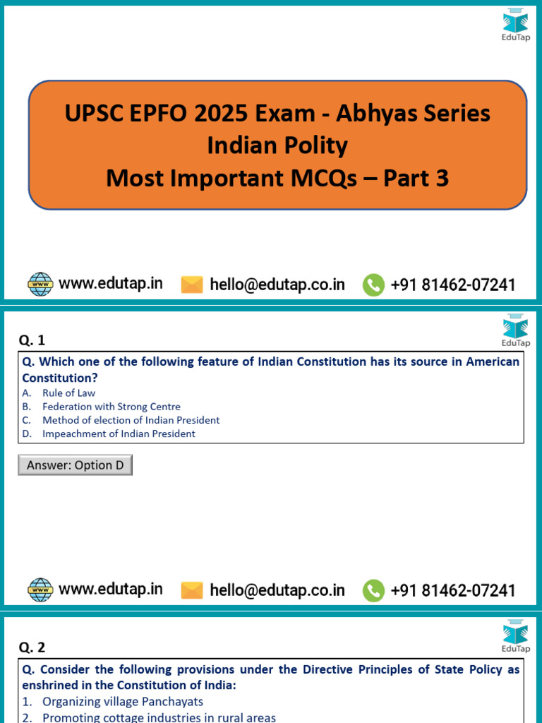 UPSC EPFO 2025: Indian Polity MCQs Part 3 | PDF | Government | Justice