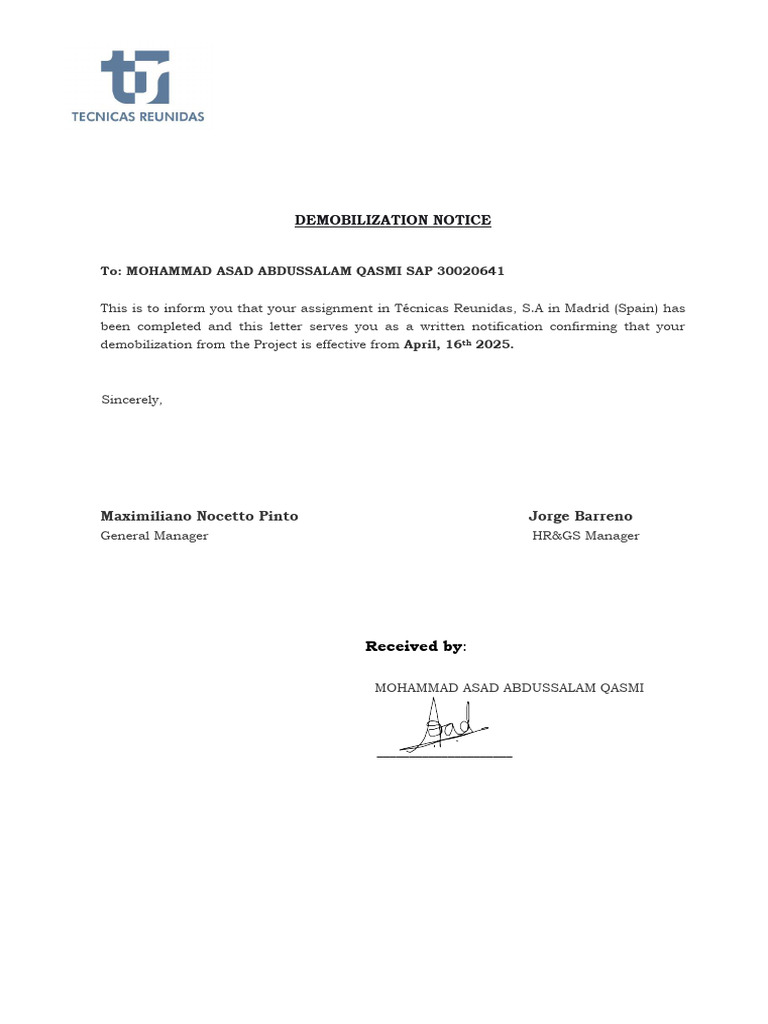 Demob Letter - Mohammad Asad Abdussalam Qasmi | PDF