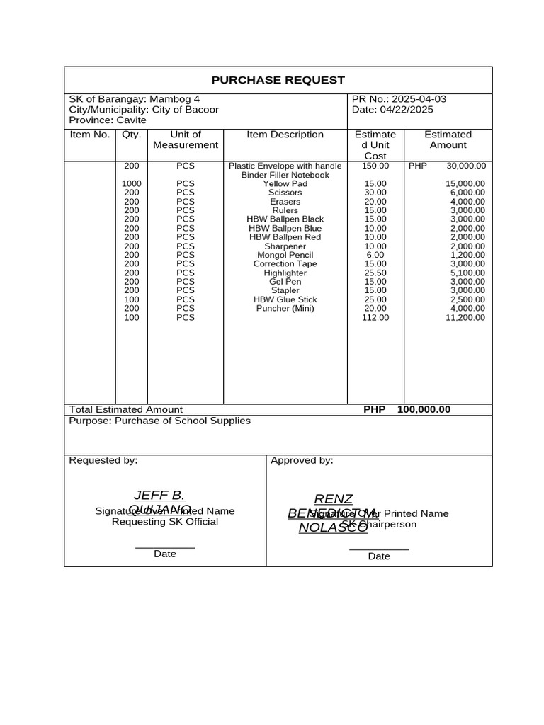 Barangay Mambog 4 Purchase Requests | PDF | Paper | Stationery