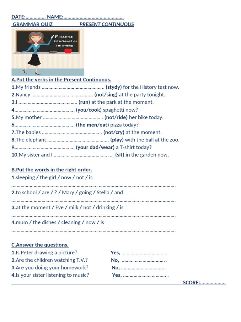 Present Continuous Grammar Quiz | PDF