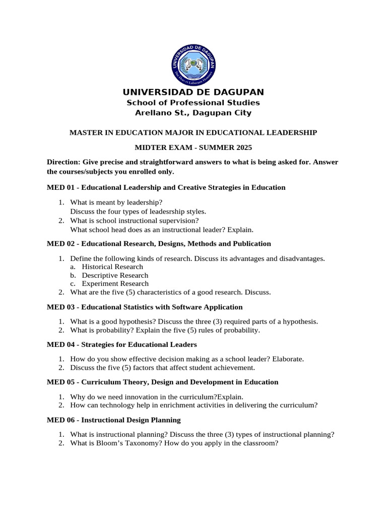 Summer 2025 Midterm Exam Guide | PDF | Leadership | Instructional Design