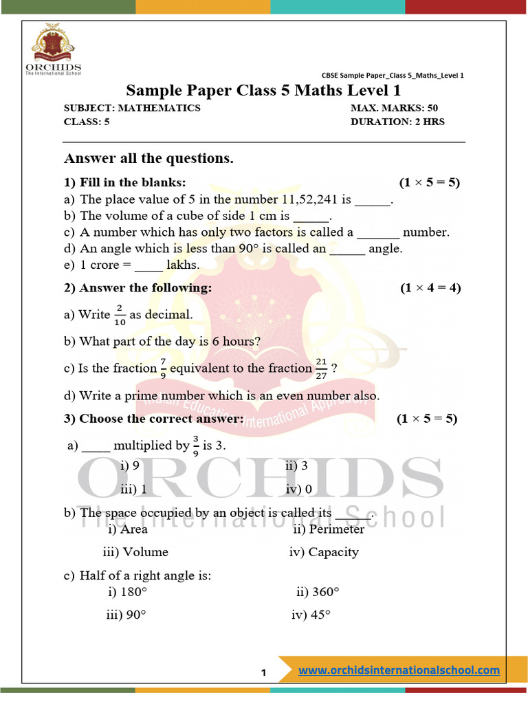 Class 5 Maths Sample Paper Level 1 | PDF | Volume | Area