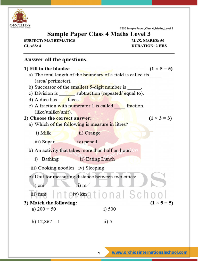 Class 4 Maths Sample Paper | PDF | Mathematics