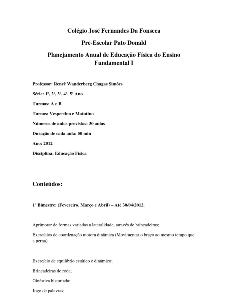 Planejamento anual de Educação Física 1º ao 9º ano - Fundamental 1 e 2