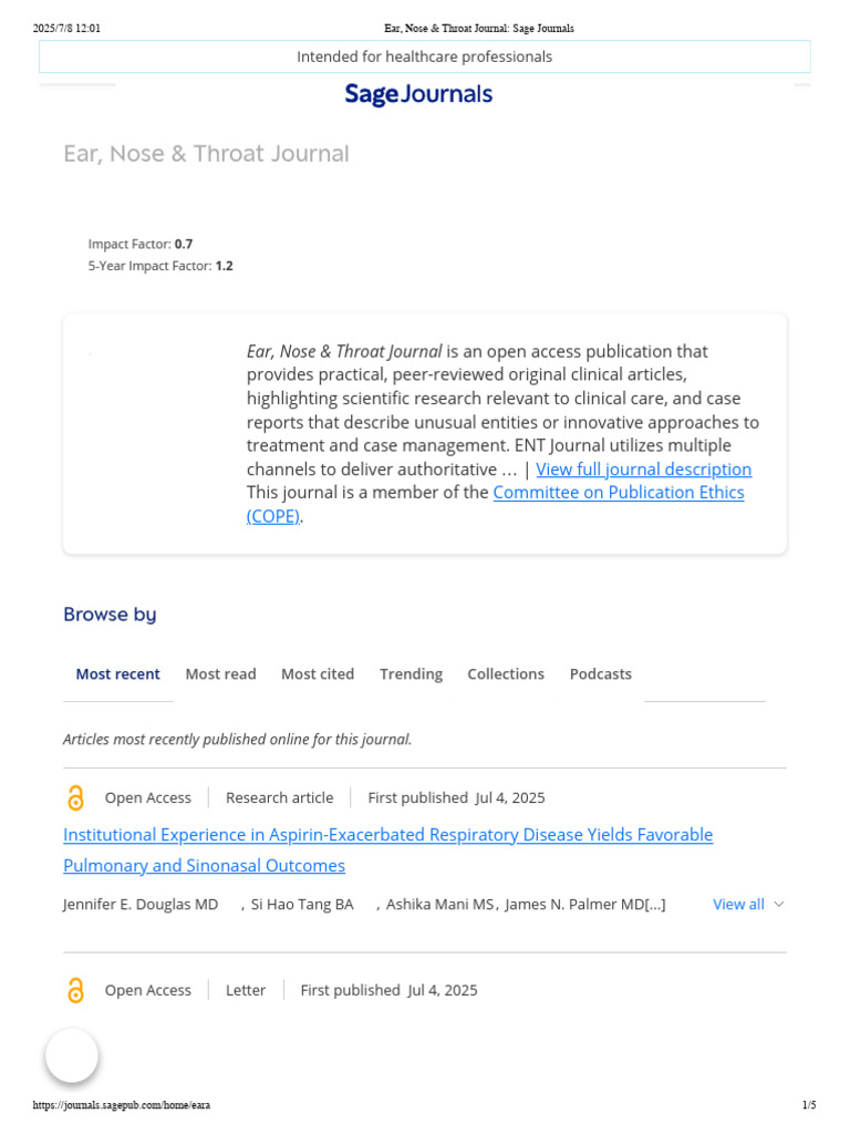 Ear Nose Throat Journal Sage Journals PDF Medical Specialties