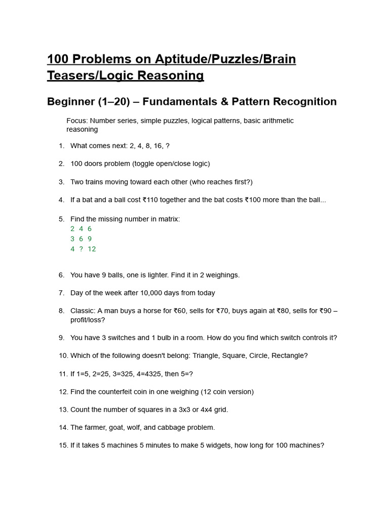 100 Aptitude and Logic Puzzles | PDF | Mathematics