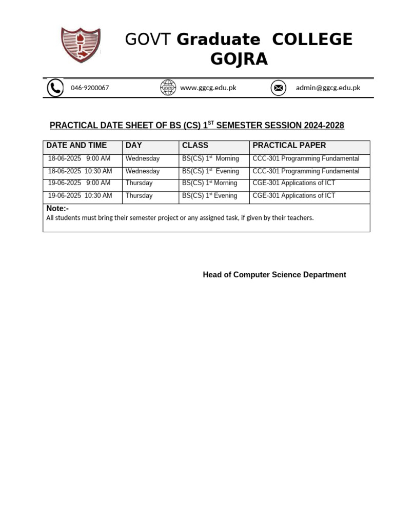 BS(CS) 1st Semester Practical Dates | PDF
