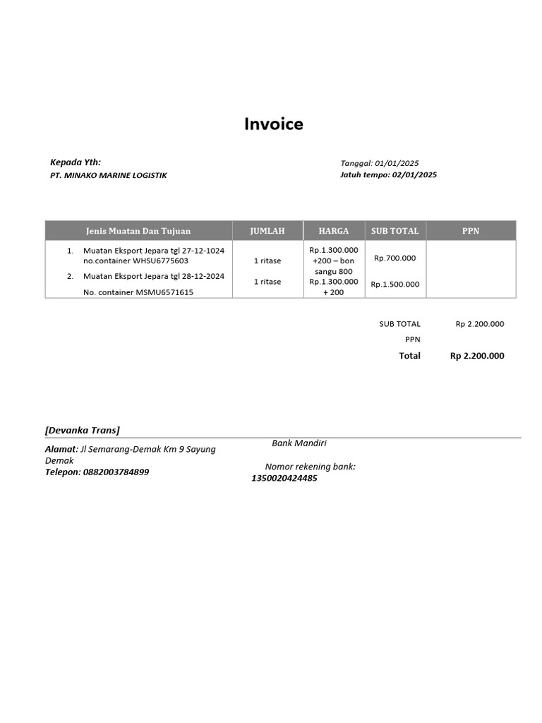 Invoice PT. Minako Marine Logistik | PDF
