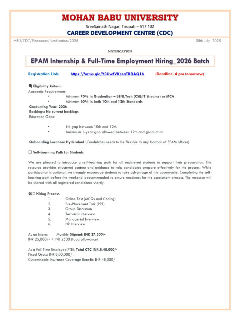 EPAM 2026 Internship & Hiring Details | PDF | Artificial Intelligence ...