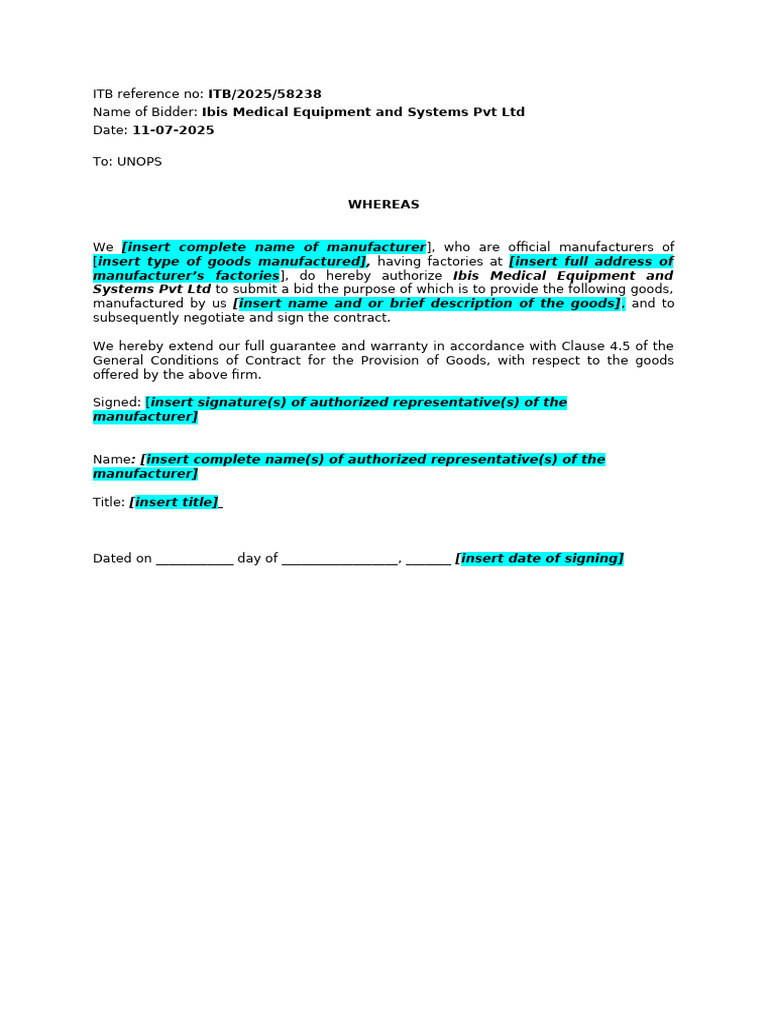 ITB - 2025 - 58238 UN Tender Manufacturer Authorisation Letter | PDF