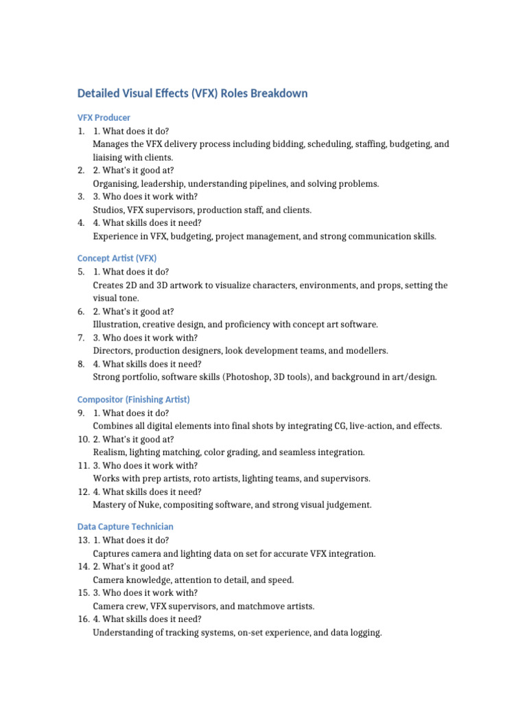 VFX Roles and Responsibilities Overview | PDF