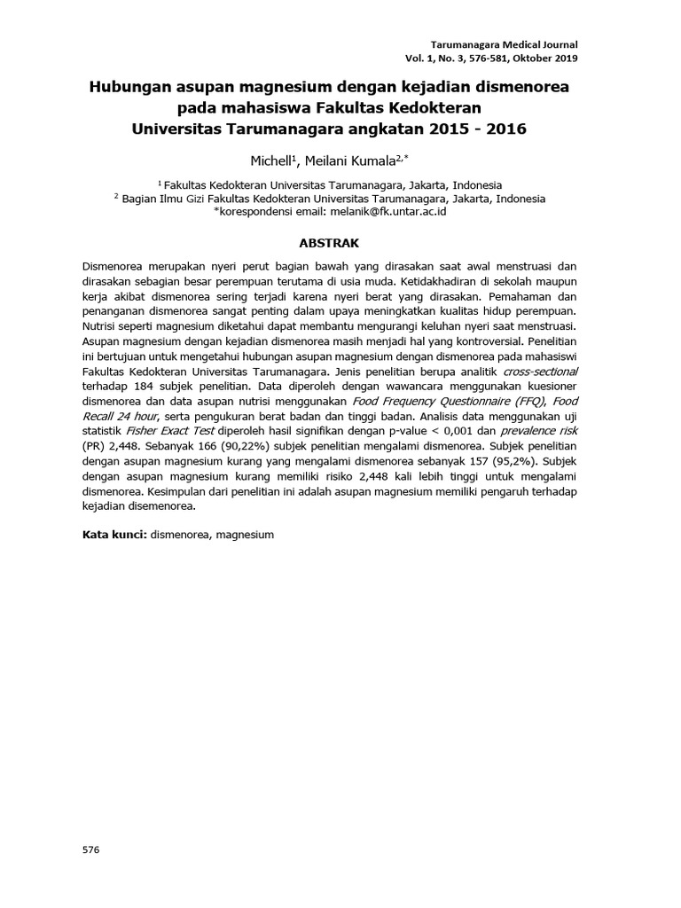 Asupan Magnesium dan Dismenorea Mahasiswi | PDF