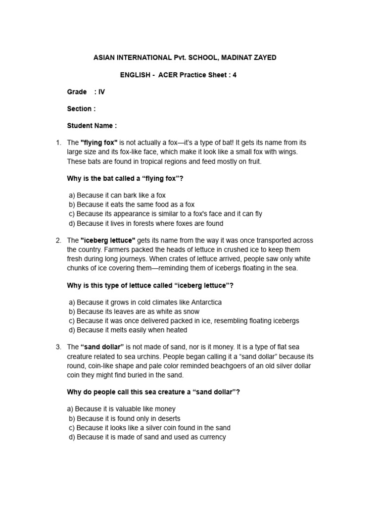 Grade 4 ACER Exam Practice Sheet | PDF | Ice