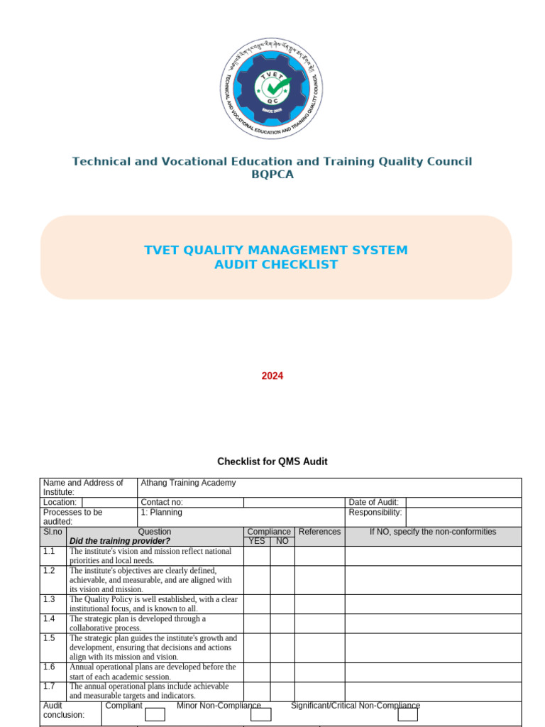 TVET QMS Audit Checklist 2024 | PDF | Audit | Quality Management System