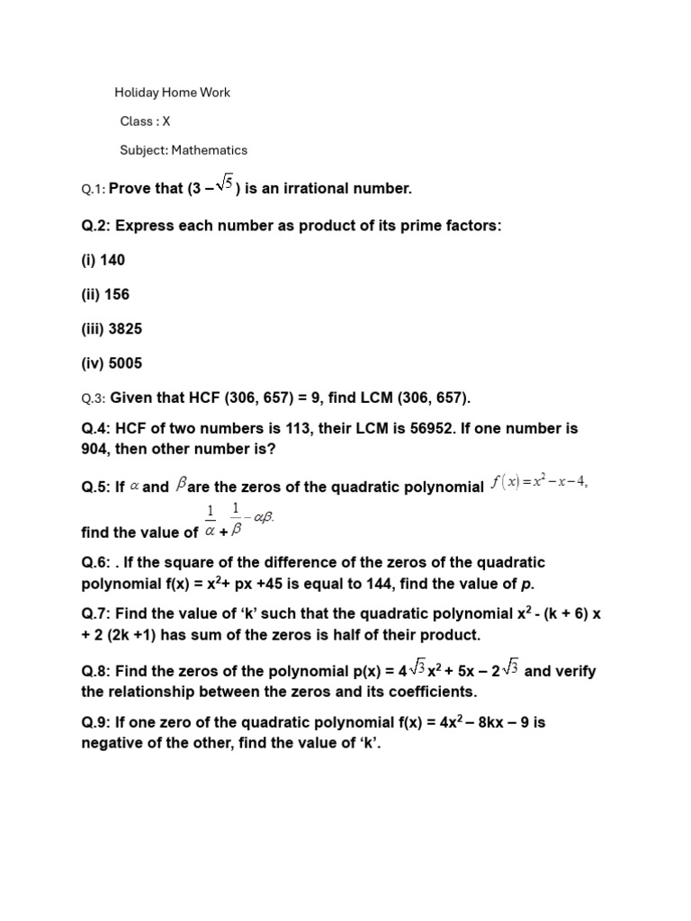 Class X Holiday Home Work | PDF | Polynomial | Quadratic Equation