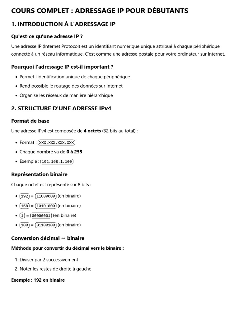 Cours Complet sur l'Adressage IP | PDF | Adresse IP | Protocoles Internet