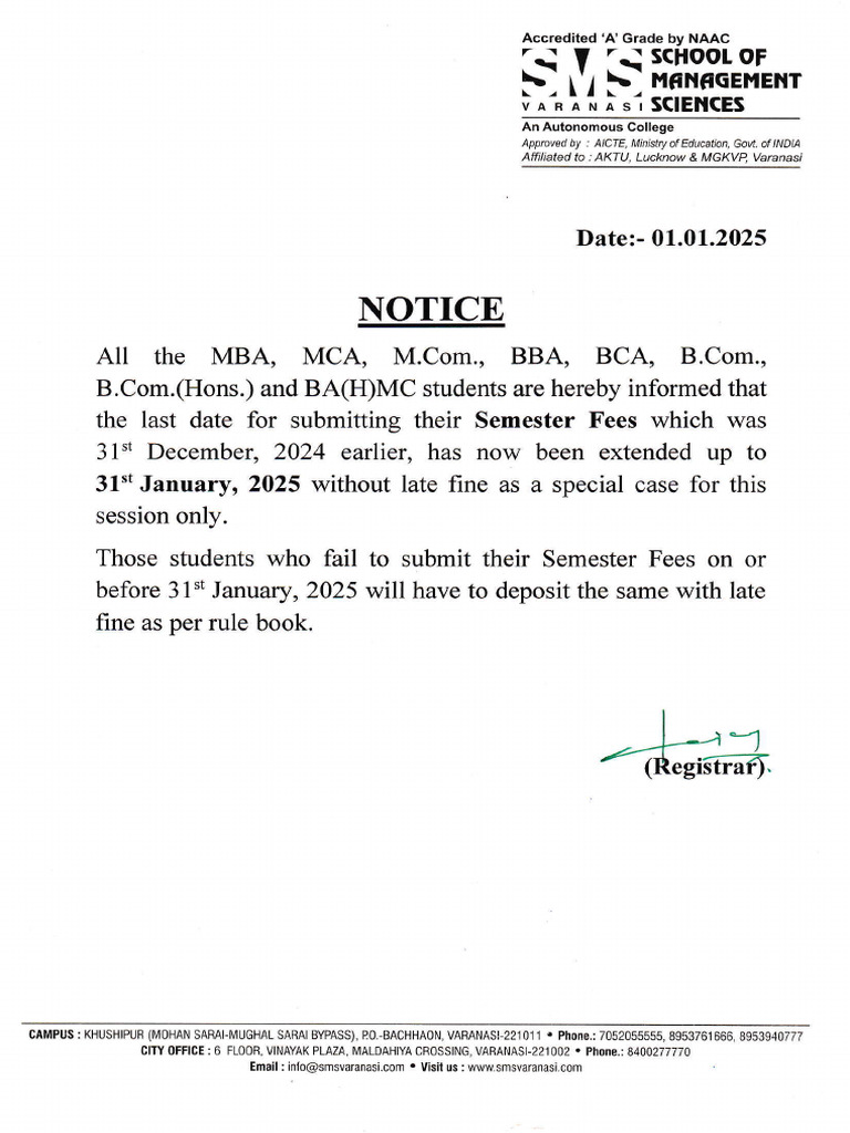 NOTICE - Semester Fee Last Date Extension | PDF | Educational Stages ...