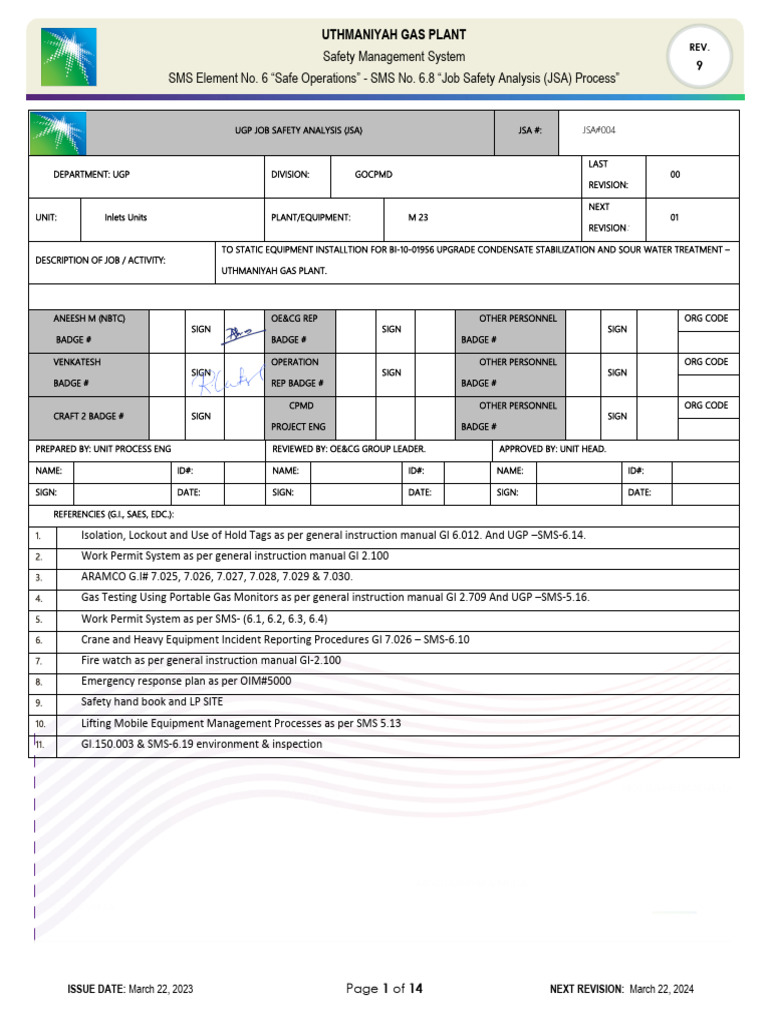Uthmaniyah Gas Plant JSA Process Guide | PDF | Personal Protective ...