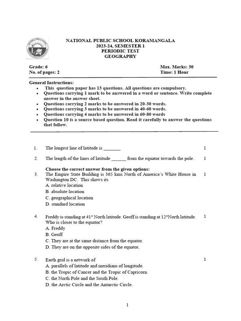 2023-24 NPSK QP Geog | PDF | Latitude | Equator