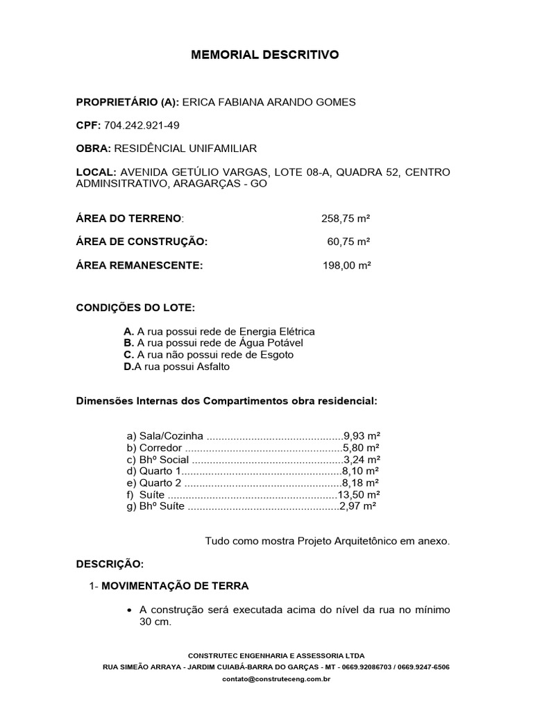 MEMORIAL DESCRITIVO | PDF | Tanque séptico | Materiais