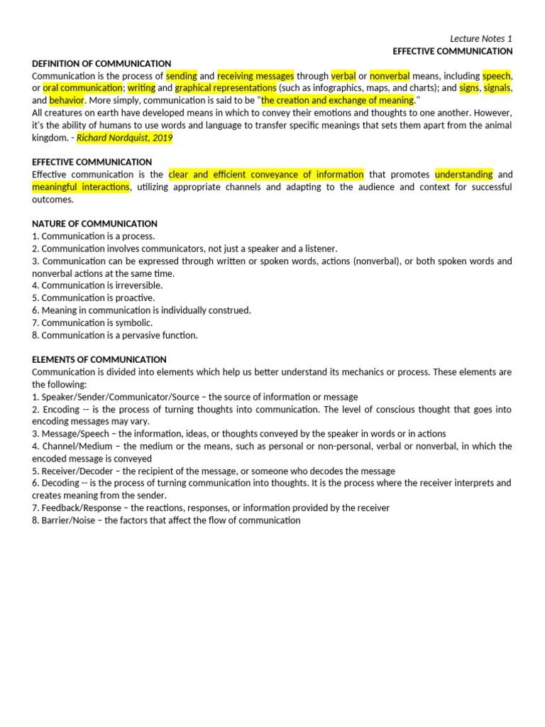 Effective Comm Lecture Notes 1 | PDF | Communication | Nonverbal ...