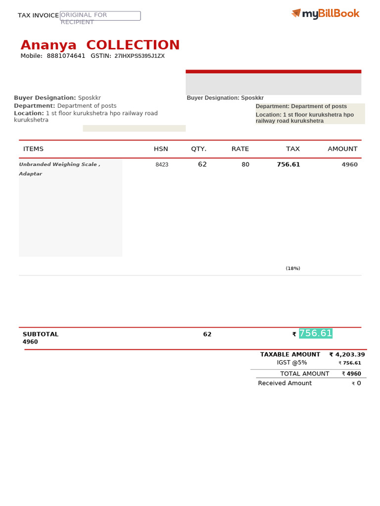 Invoice for Weighing Scale Purchase | PDF