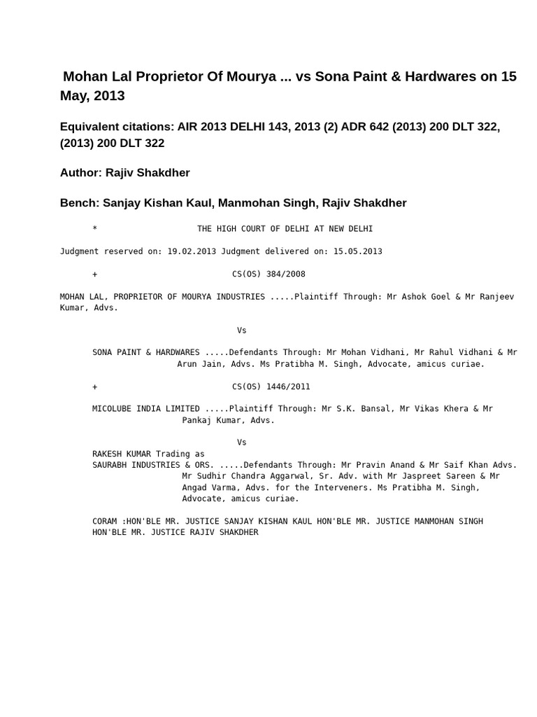 Mohan Lal Proprietor of Mourya Vs Sona Paint Hardwares On 15 May 2013 ...