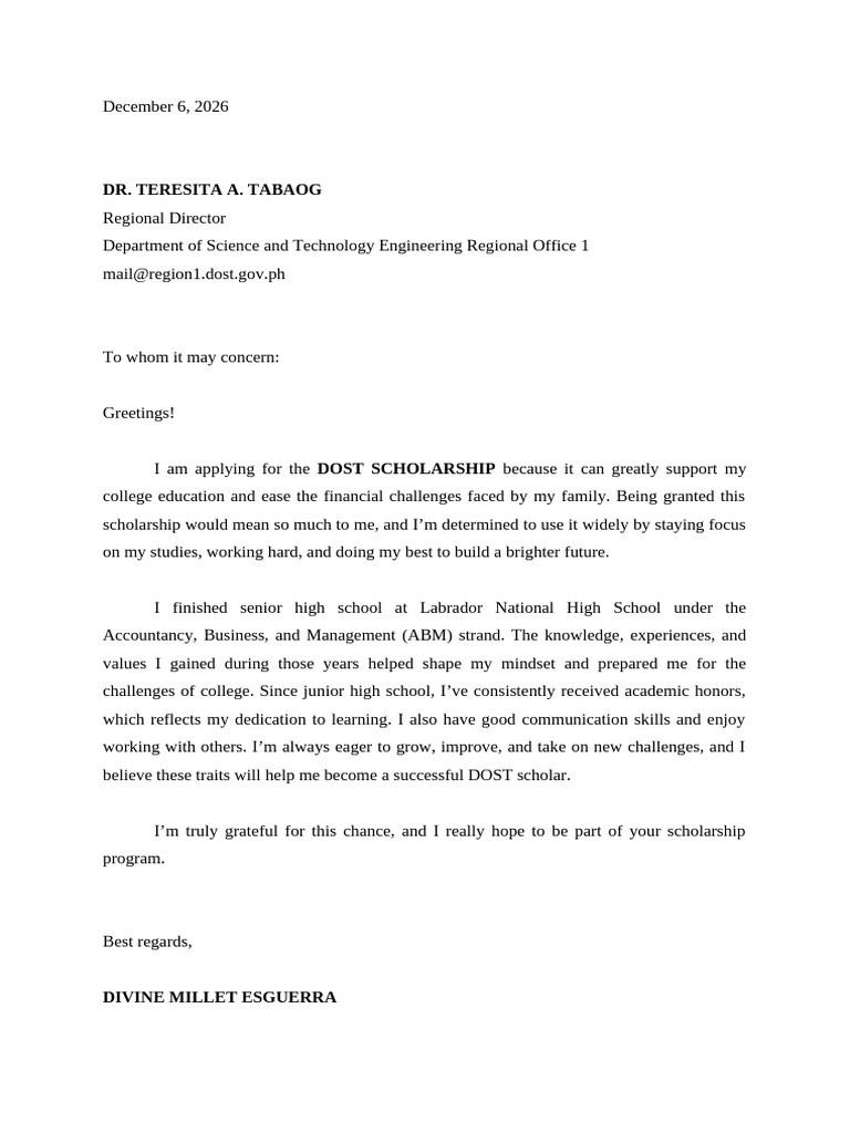 DOST Scholarship Application Letter | PDF