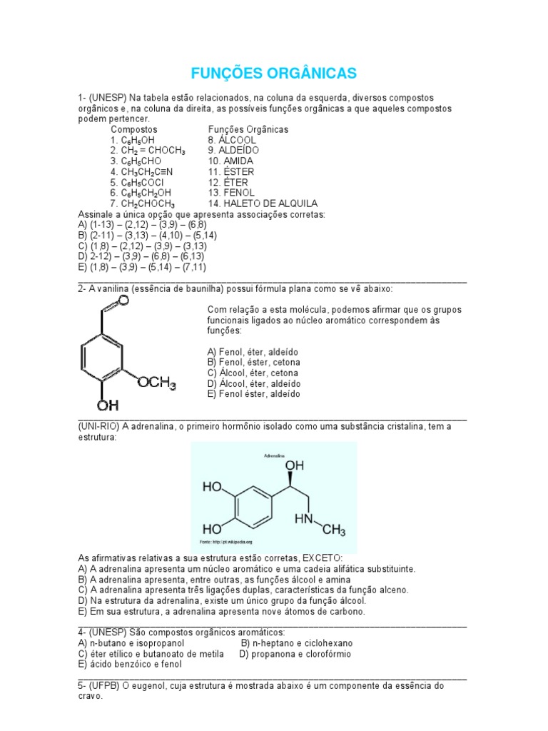 Exercicios FUNCOES ORGANICAS | PDF | Éster | Éter