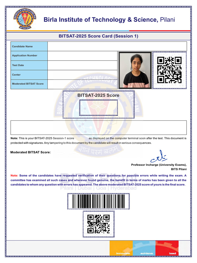 BITSAT 2025 Score Card Summary | PDF | Access Control | Naming Conventions