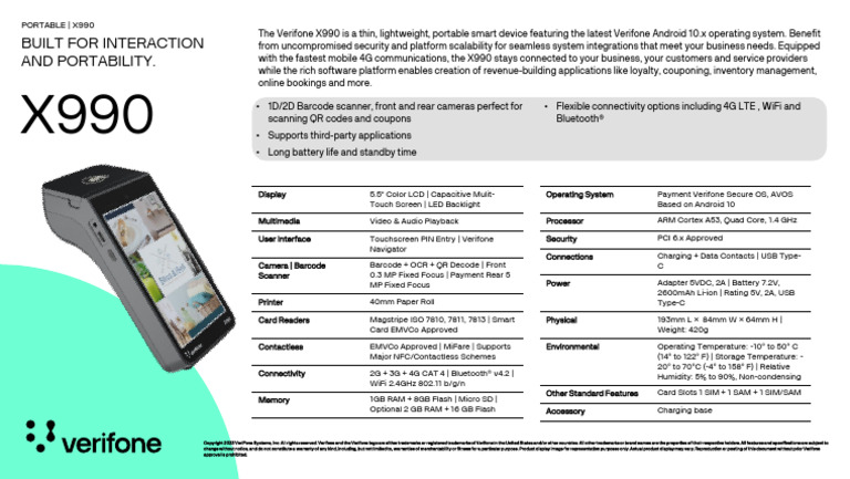 Verifone X990: Portable POS Terminal Overview | PDF | Barcode | Touchscreen