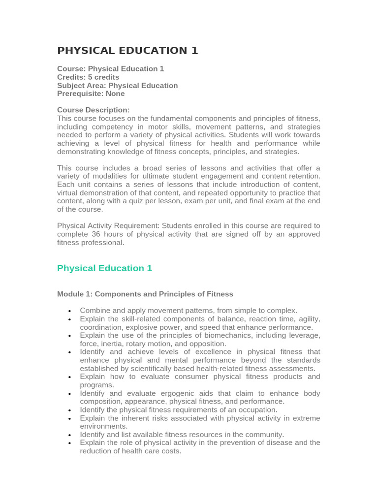 PHYSICAL EDUCATION 1 Syllabus | PDF | Physical Fitness | Strength Training