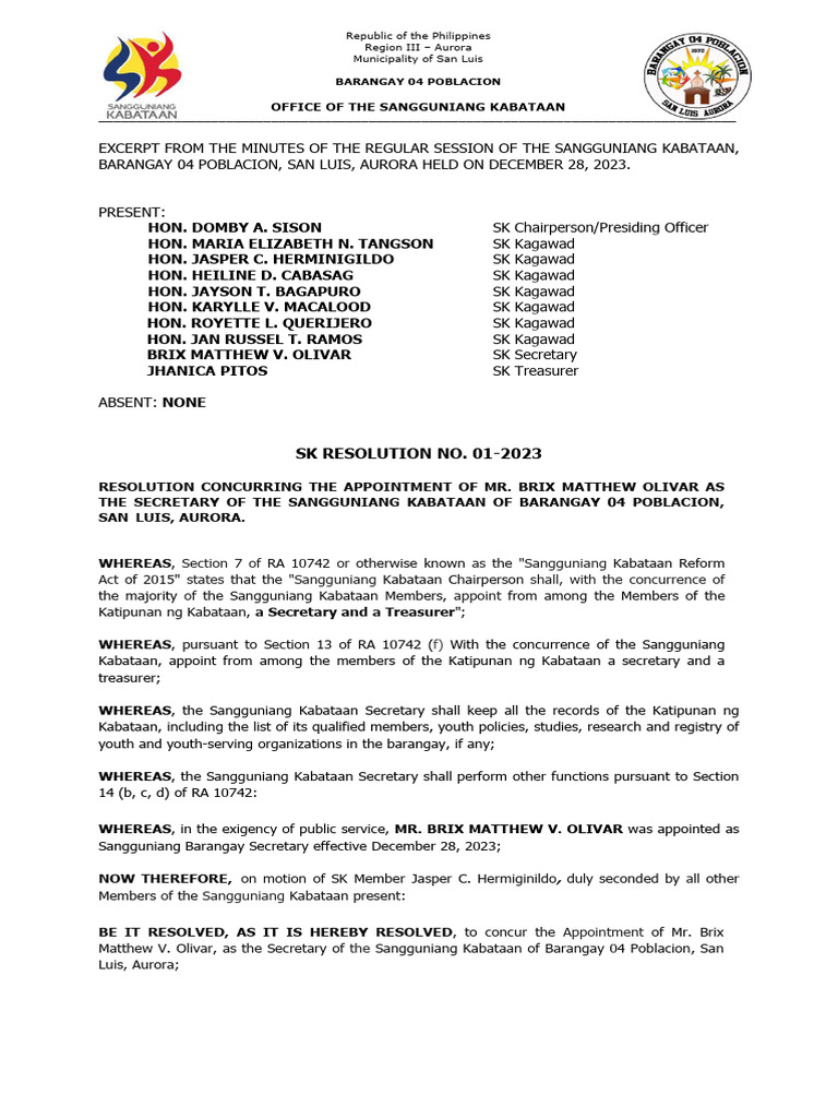 SK Resolutions - Appointment Sec Treas | PDF | Government