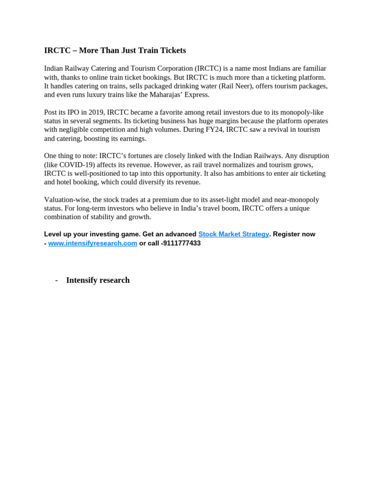 IRCTC - Intensify Research | PDF