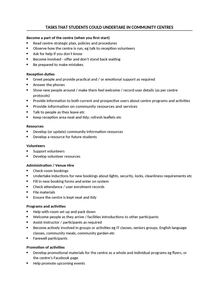 Possible Community Centre Tasks | PDF | Evaluation
