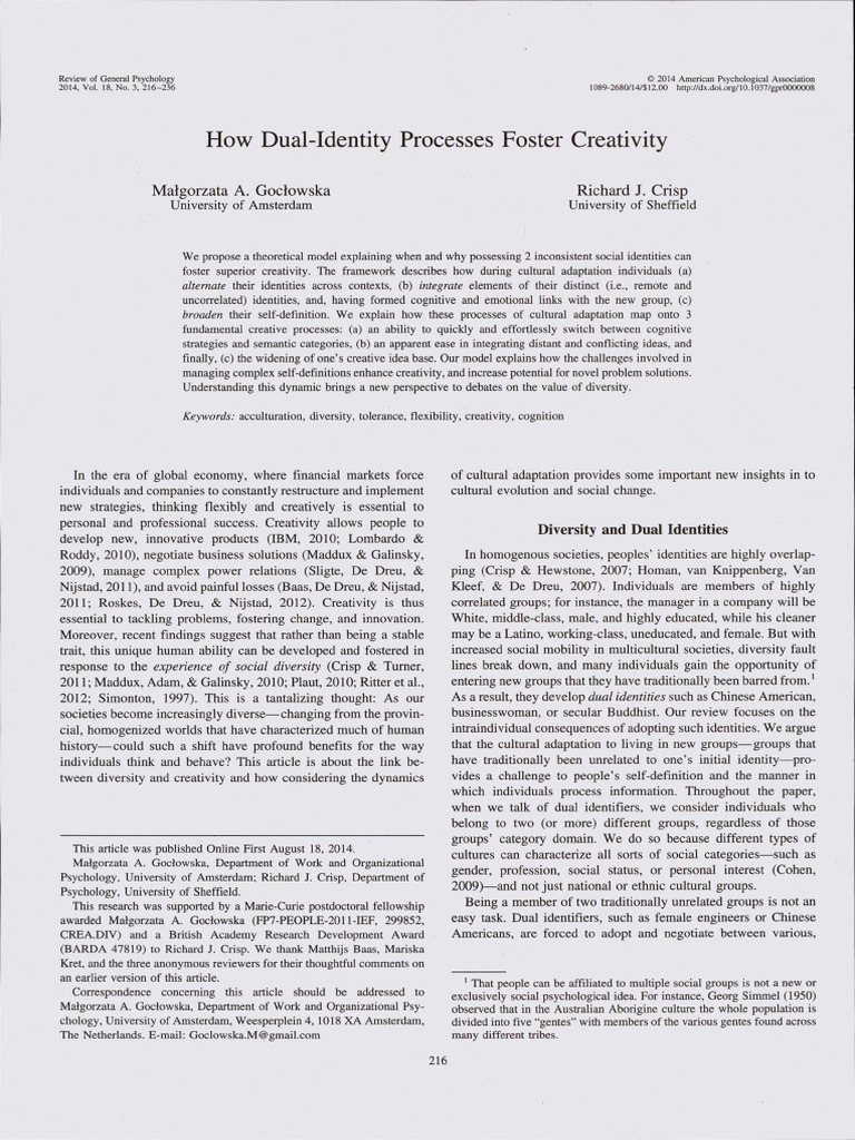 Dual Identities Enhance Creativity | PDF | Creativity | Identity ...
