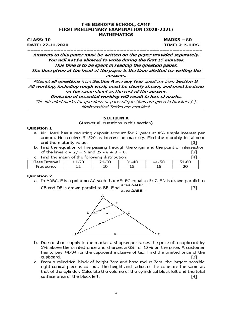 Class 10 Mathematics Exam Paper | PDF | Mathematics | Euclidean Geometry
